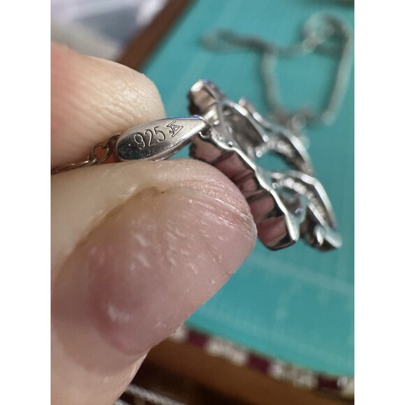 Vintage Mexico 925 Sterling Silver Oval Purple Cats Eye  Sterling Silver Double Cat Necklace With Diamond Accents 3.6g